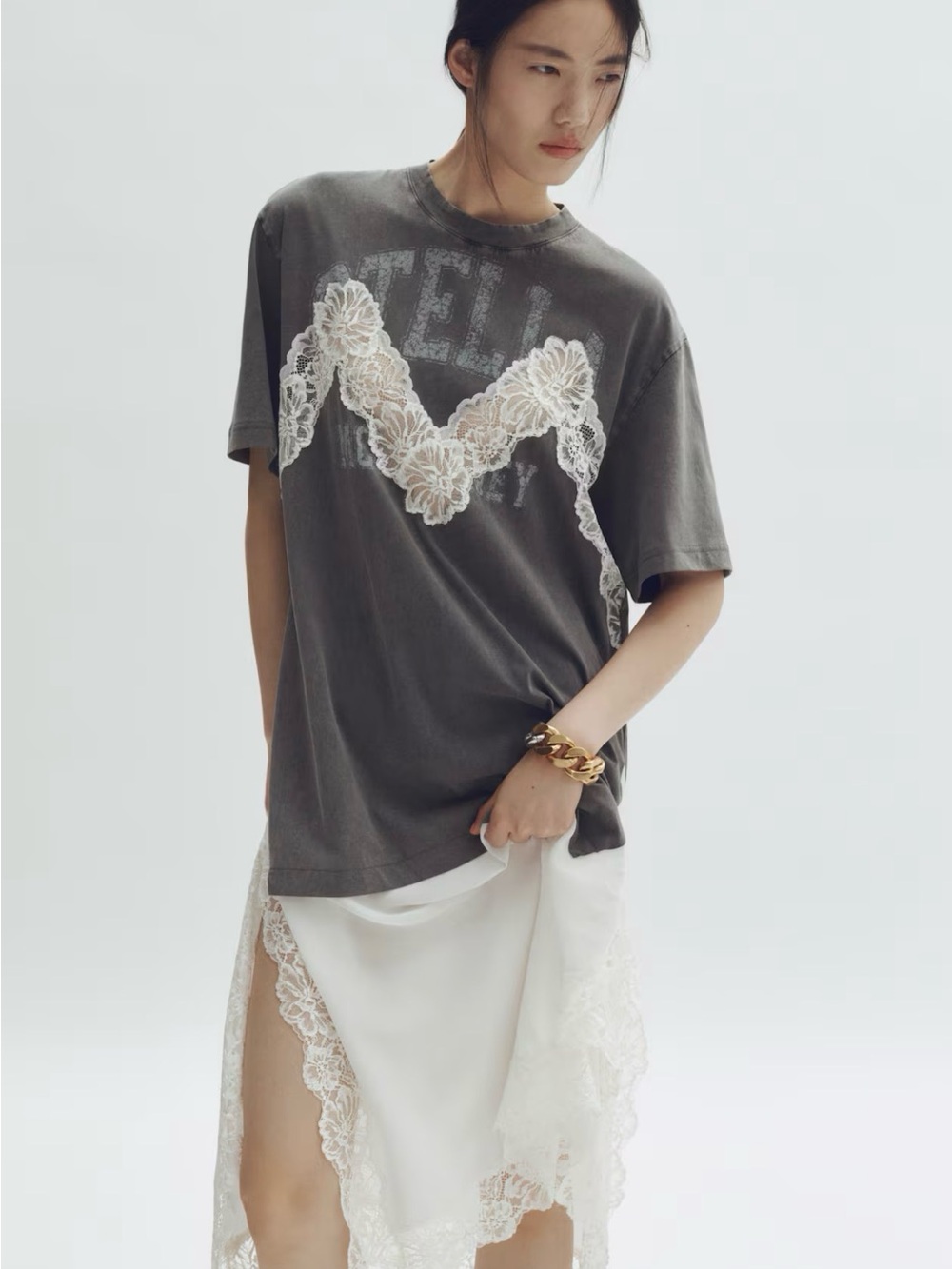 Stella McCartney Gray Lace-Appliqué Short Sleeve Tee